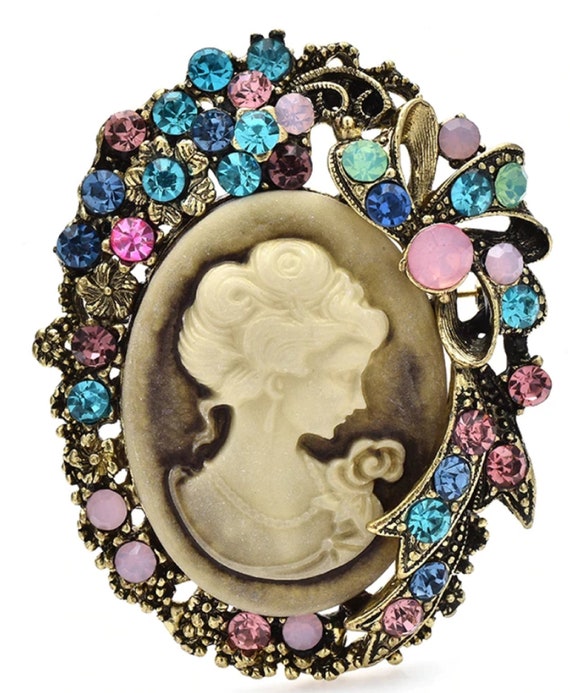 Gorgeous Pastel Crystal Cameo Brooch Pin Pendant