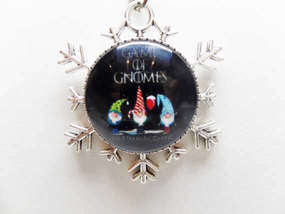 Adorable Game of Gnomes Glass Cabochon Reversible Snowflake Necklace