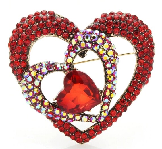 Gorgeous Red Aurora Borealis Double Crystal Heart Brooch Pin Pendant