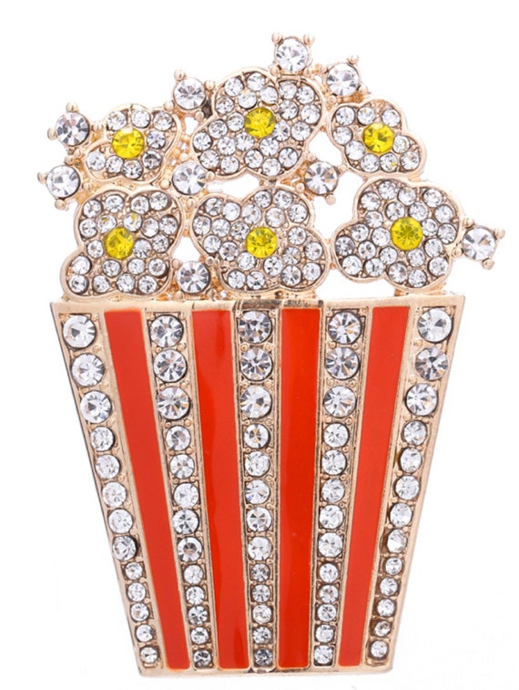 Adorable Crystal & Enamel Popcorn Brooch Pin