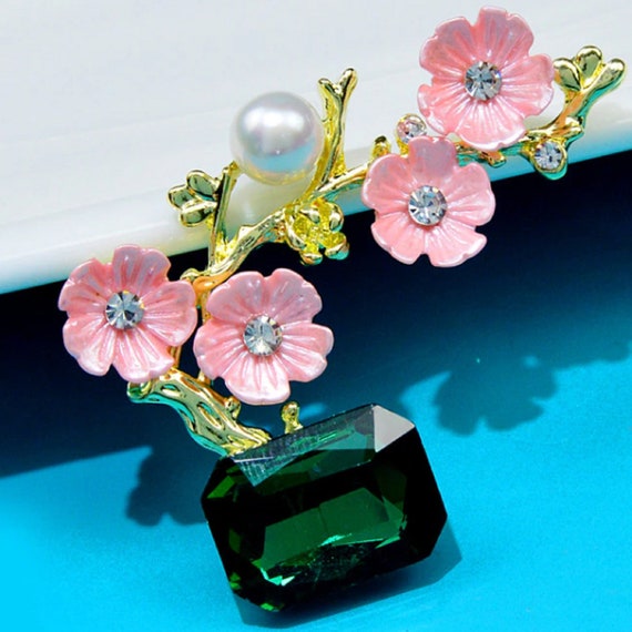 Lovely Crystal and Pearl Cherry Blossom Brooch