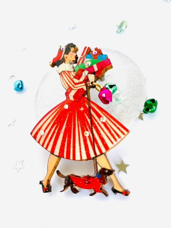 Rosie Rose Parker Christmas Woman with Dacshund Retro Acrylic Brooch Pin