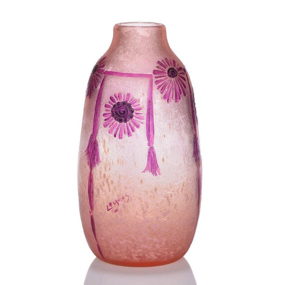 Antique LEGRAS Signed Enameled Pink Sunflower Art Glass Vase!