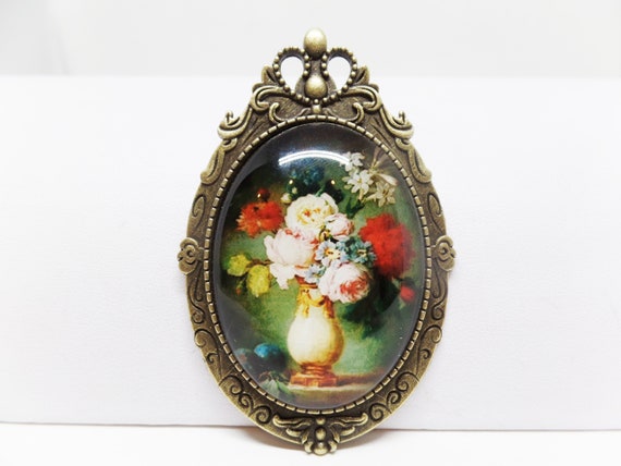Gorgeous Floral Glass Cabochon Cameo Pendant Brooch Pin