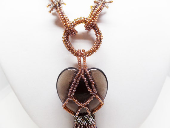 Gorgeous Beaded Smoky Quartz Heart Tassel Necklace