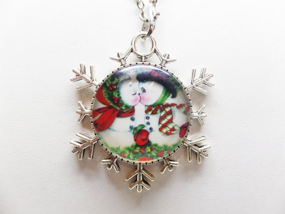Adorable Kissing Snowman Glass Cabochon Reversible Snowflake Necklace