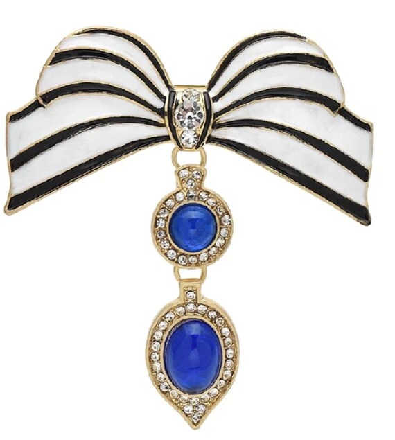 Fabulous Black and White Enamel & Blue Crystal Cabochon Bow Brooch Pin