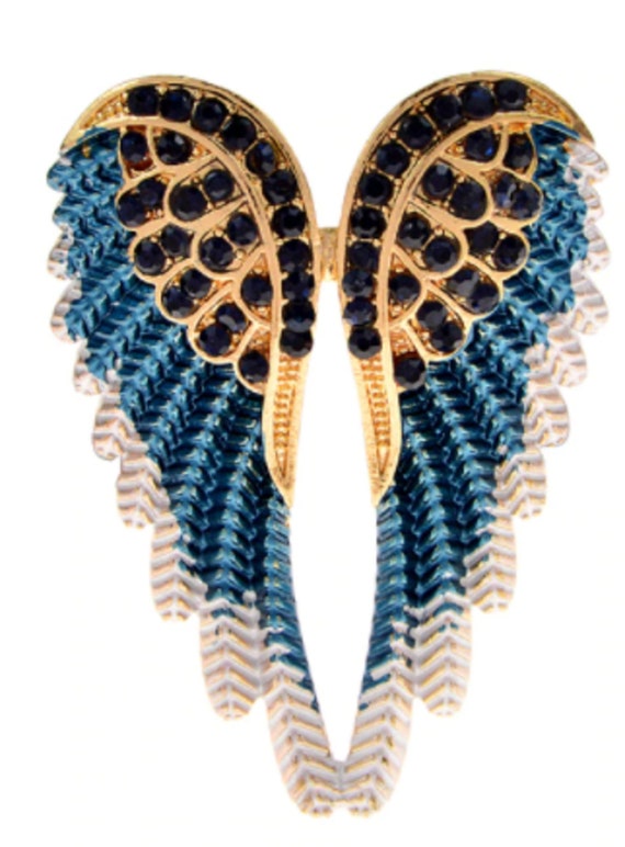 Lovely Blue Enamel and Aurora Borealis Angel Wing Brooch Pendant