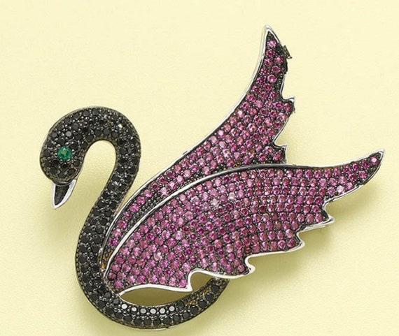Fabulous Black & Magenta Crystal Swan Brooch