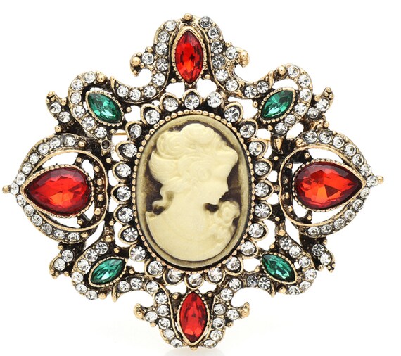 Gorgeous Crystal Cameo Brooch Pin Pendant
