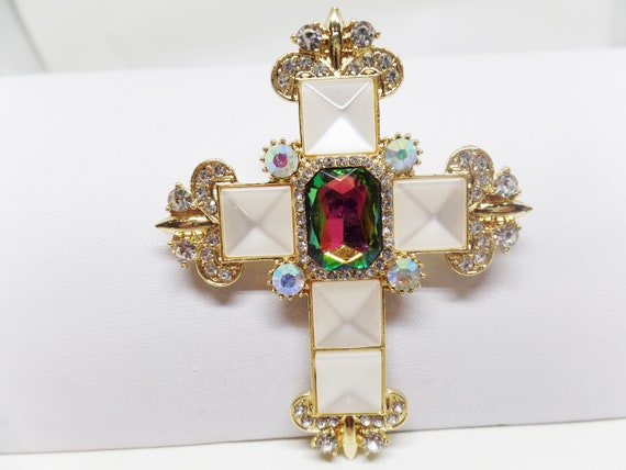 Gorgeous Aurora Borealis Crystal & Mother of Pearl Cross Brooch