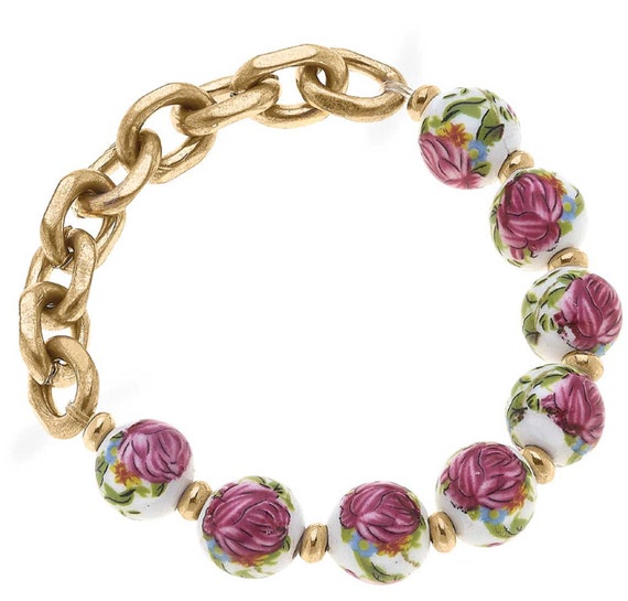 Porcelain Rose & Chain Link Bracelet in Worn Gold