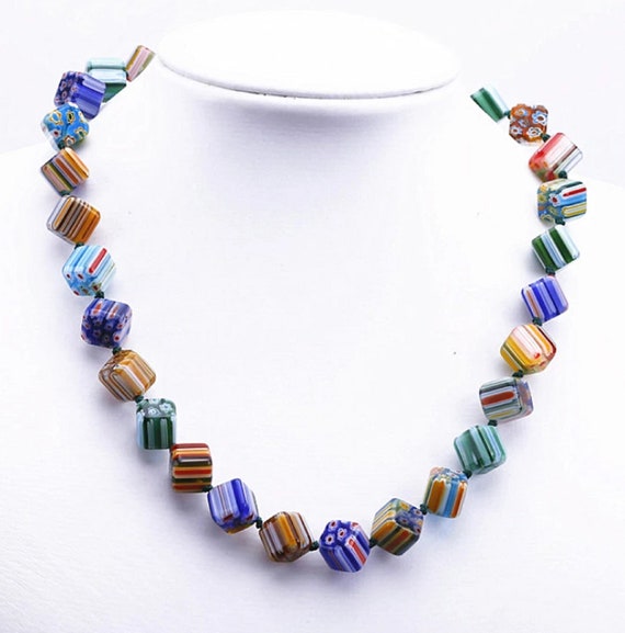 Lovely Millefiore Rainbow Cube Art Glass Beaded Necklace