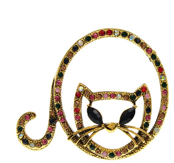 Adorable Rainbow Crystal Cat Brooch