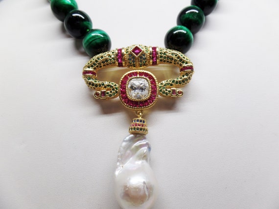 Lovely Green Tiger's Eye, CZ, and Keshi Pearl Necklace