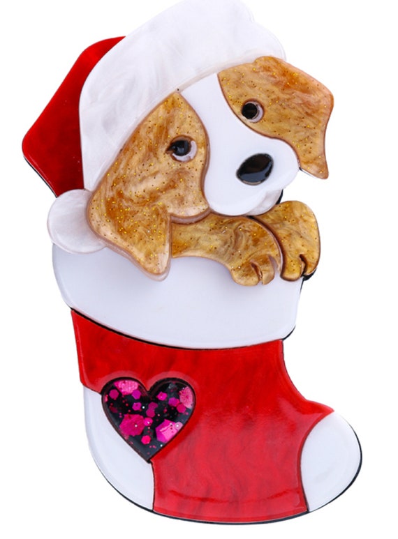 Adorable Acrylic Dog with Santa Hat in Christmas Stocking Brooch Pin