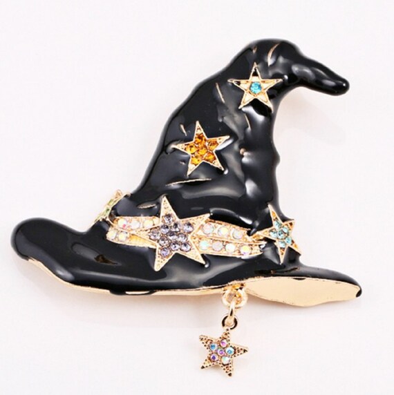 Fabulous Black Enamel and Crystal Halloween Witch Hat Brooch!