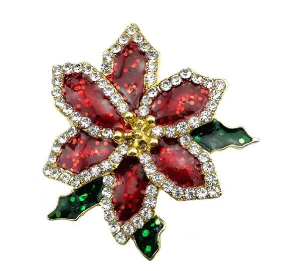 Lovely Enamel and Crystal Holiday Christmas Poinsettia Brooch Pin