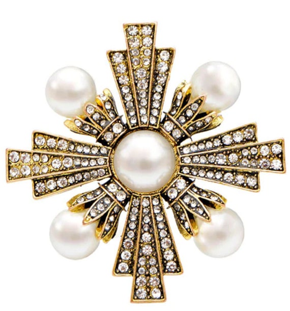 Lovely Crystal Pearl Maltese Cross Brooch