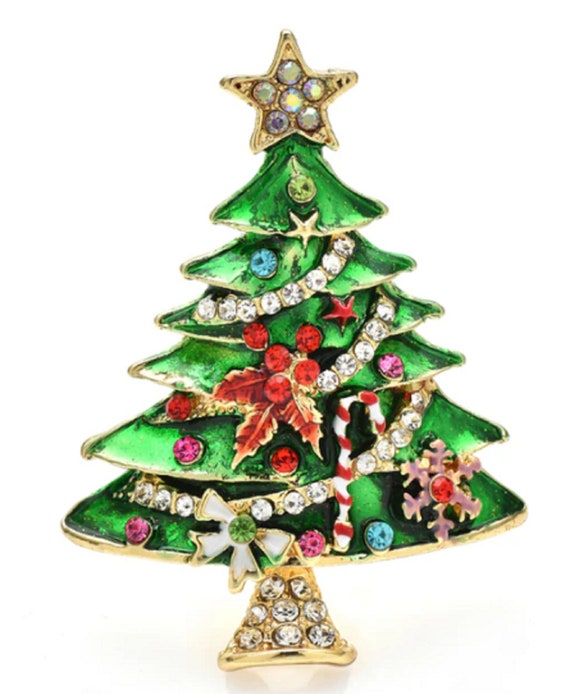 Fabulous Enamel and Crystal Holiday Christmas Tree Brooch Pin