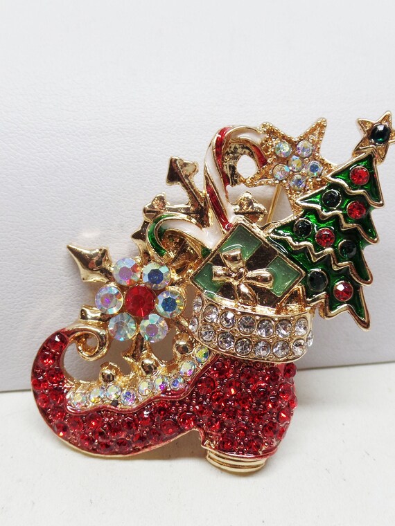 Fabulous Aurora Borealis Crystal and Enamel Santa Boot Holiday Brooch