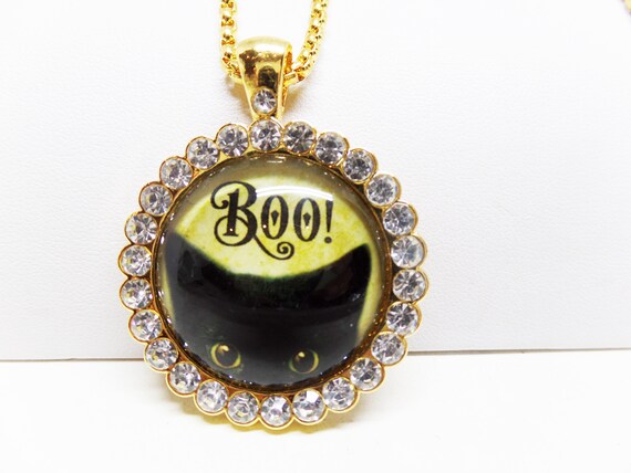 Adorable Crystal Cabochon "Boo" Black Cat Necklace