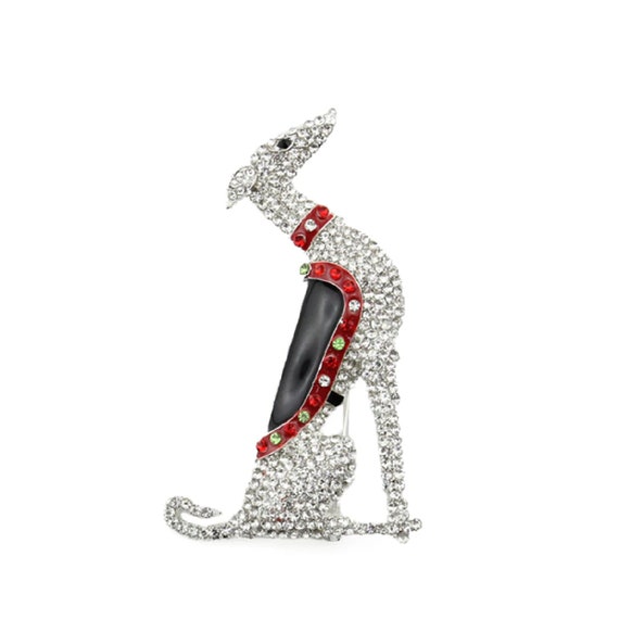 Fabulous Crystal and Enamel Grey Hound Dog Brooch Pin!