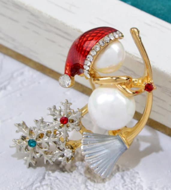 Adorable Pearl and Crystal Snowman with Broom Holiday Brooch!