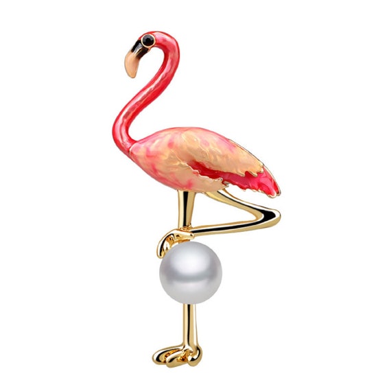 Adorable Enamel Flamingo Holding Pearl Brooch