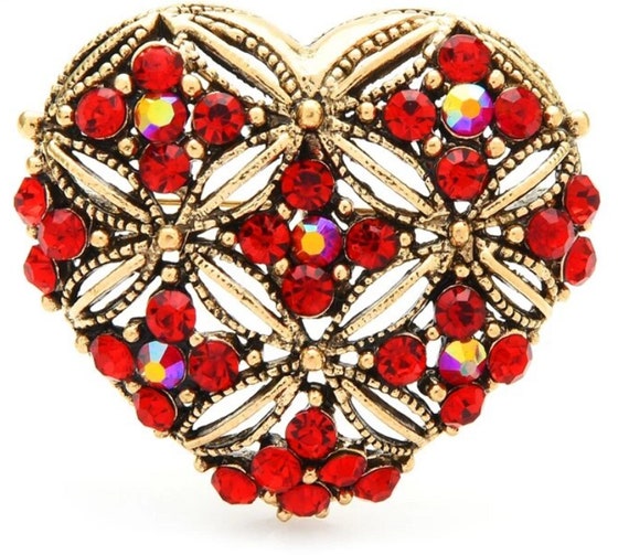 Gorgeous Red Aurora Borealis Crystal Filigree Heart Brooch Pin Pendant