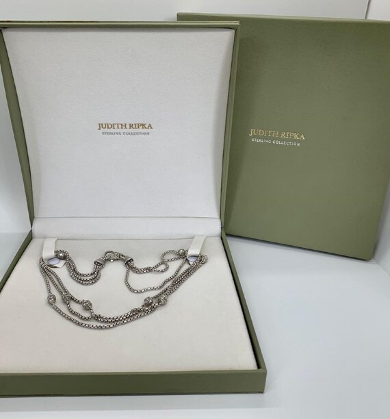 JUDITH RIPKA Signed Triple Strand Sterling Silver Station Necklace with Box