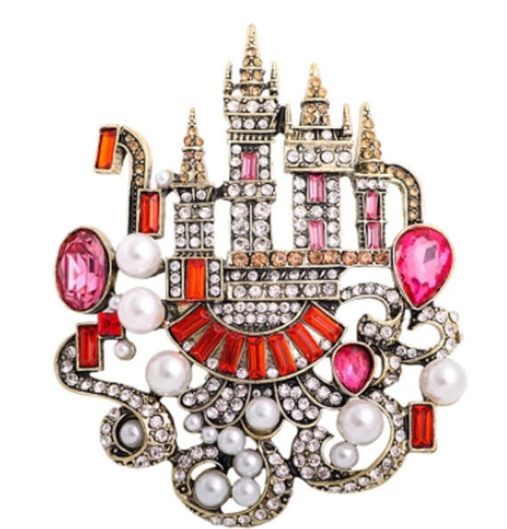 Exquisite Pink and Red Crystal & Pearl Castle Brooch Pendant!