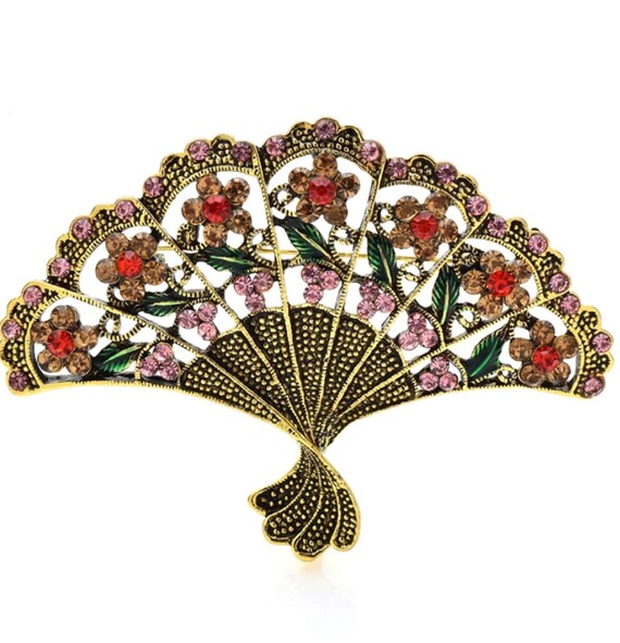 Gorgeous Pink & Red Crystal Flower Fan Filigree Brooch Pendant!