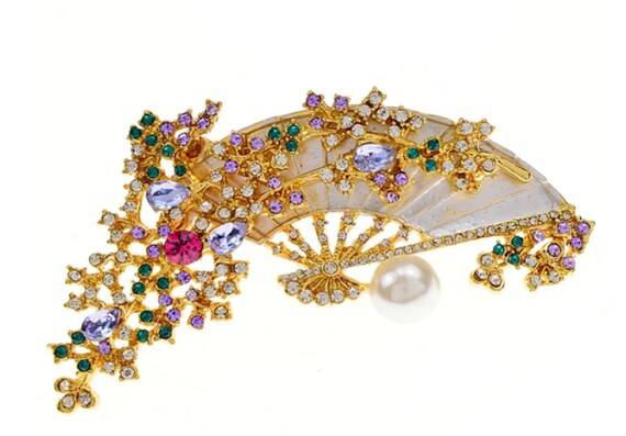 Gorgeous Pastel Crystal and Pearl Flower Fan Filigree Brooch Pin