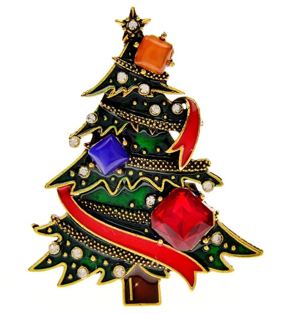 Gorgeous Multi Emerald Cut Crystal Holiday Christmas Tree Brooch Pin