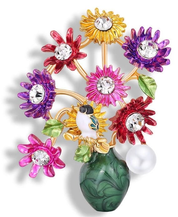 Lovely Rainbow Enamel, Crystal, and Pearl Flower Vase Brooch Pendant!
