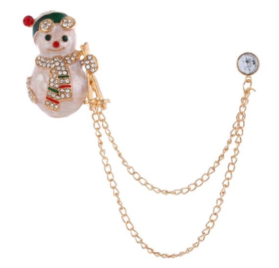 Adorable Crystal Snowman Chatelaine Holiday Brooch!