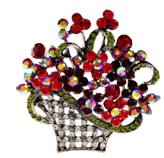 Fabulous Aurora Borealis and Multi Crystal Flower Basket Brooch Pendant!