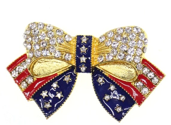 Fabulous Enamel & Crystal American Flag Bow Brooch Pin