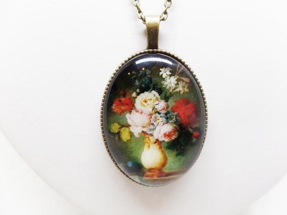 Gorgeous Reversible Floral Glass Cabochon Cameo Pendant Necklace
