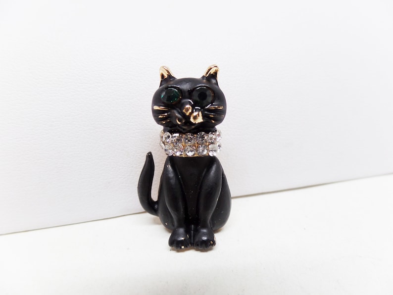 Adorable Black Cat with Crystal Collar Pin