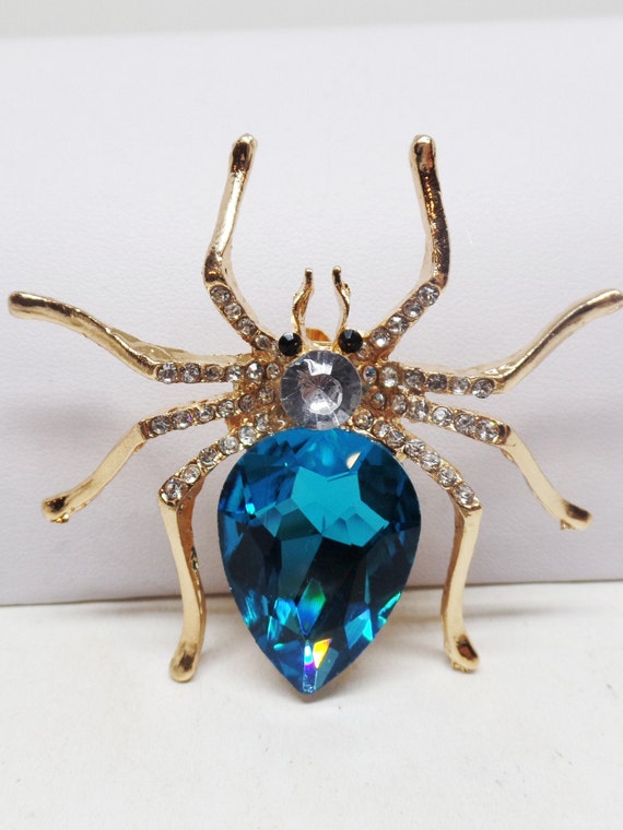 Fabulous Blue Topaz Crystal Spider Brooch