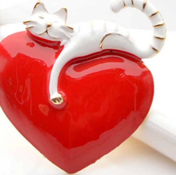 Adorable White Cat Lounging on Heart Enamel Brooch
