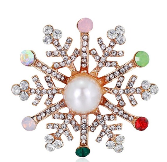 Gorgeous Multi Pastel Crystal & Pearl Snowflake Brooch Pendant