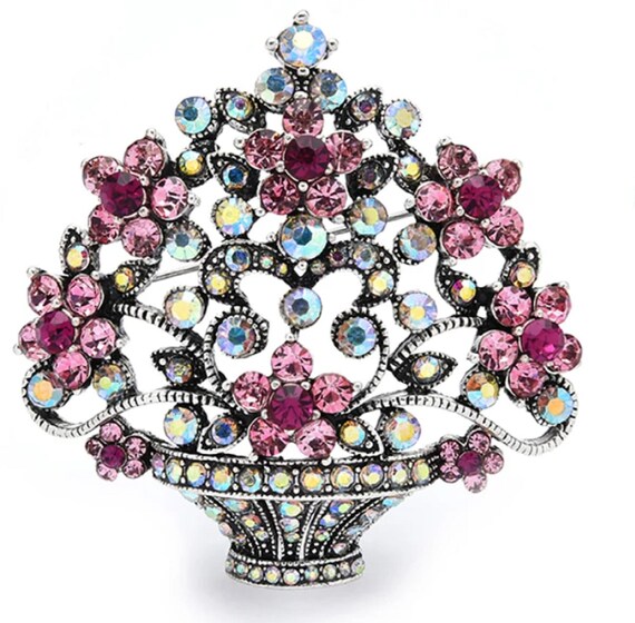 Fabulous Pink Aurora Borealis Crystal Flower Basket Brooch Pendant!