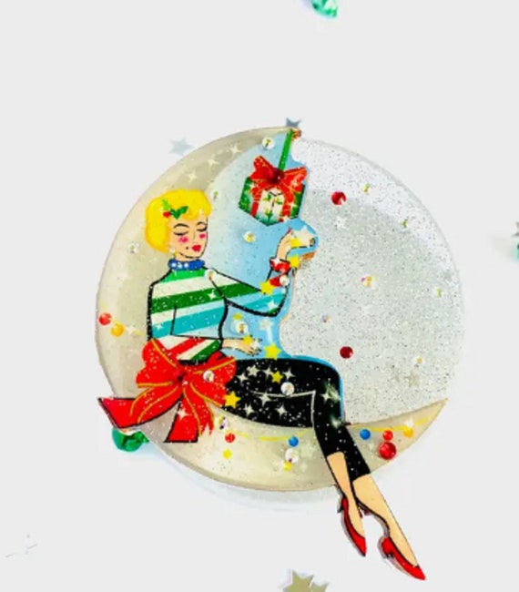 Rosie Rose Parker Girl On Moon Christmas Retro Acrylic Brooch Pin