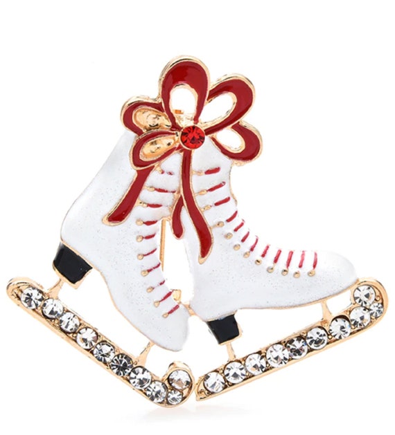 Enamel & Crystal Ice Skate Brooch Pin