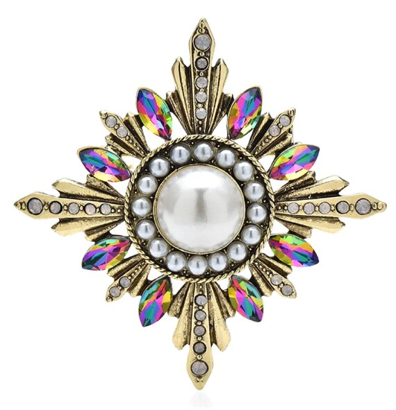 Lovely Aurora Borealis Crystal and Pearl Maltese Cross Brooch Pin