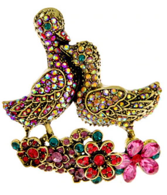 Fabulous Aurora Borealis and Multi Crystal Flower Duck Brooch