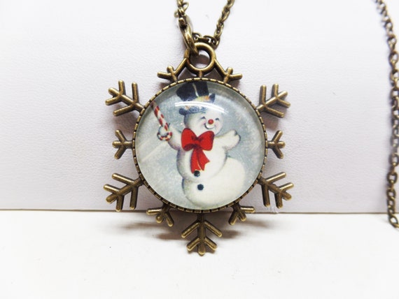 Adorable Dancing Snowman Glass Cabochon ReversibleSnowflake Necklace